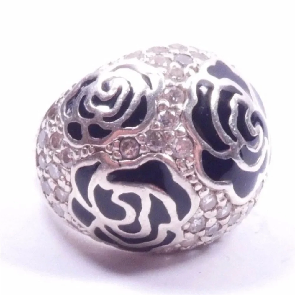 VTG RARESerling Silver Ring Black Enamel Roses with Pave Cz Diamonds Size 10